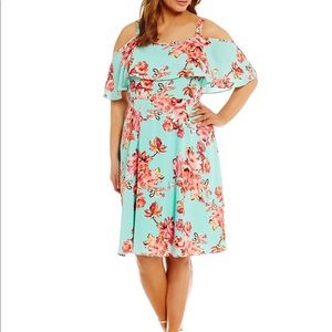 NWT Leslie Fay 16W Cold shoulder floral aqua